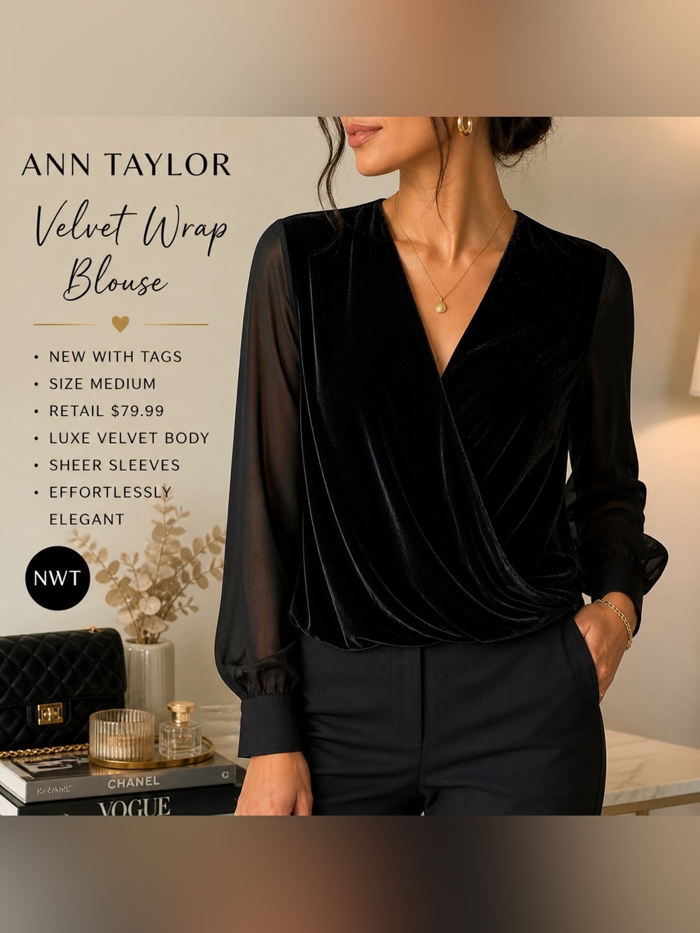 NWT Ann Taylor Black Velvet Wrap Blouse Sheer Sleeves Elegant Evening Top Sz M